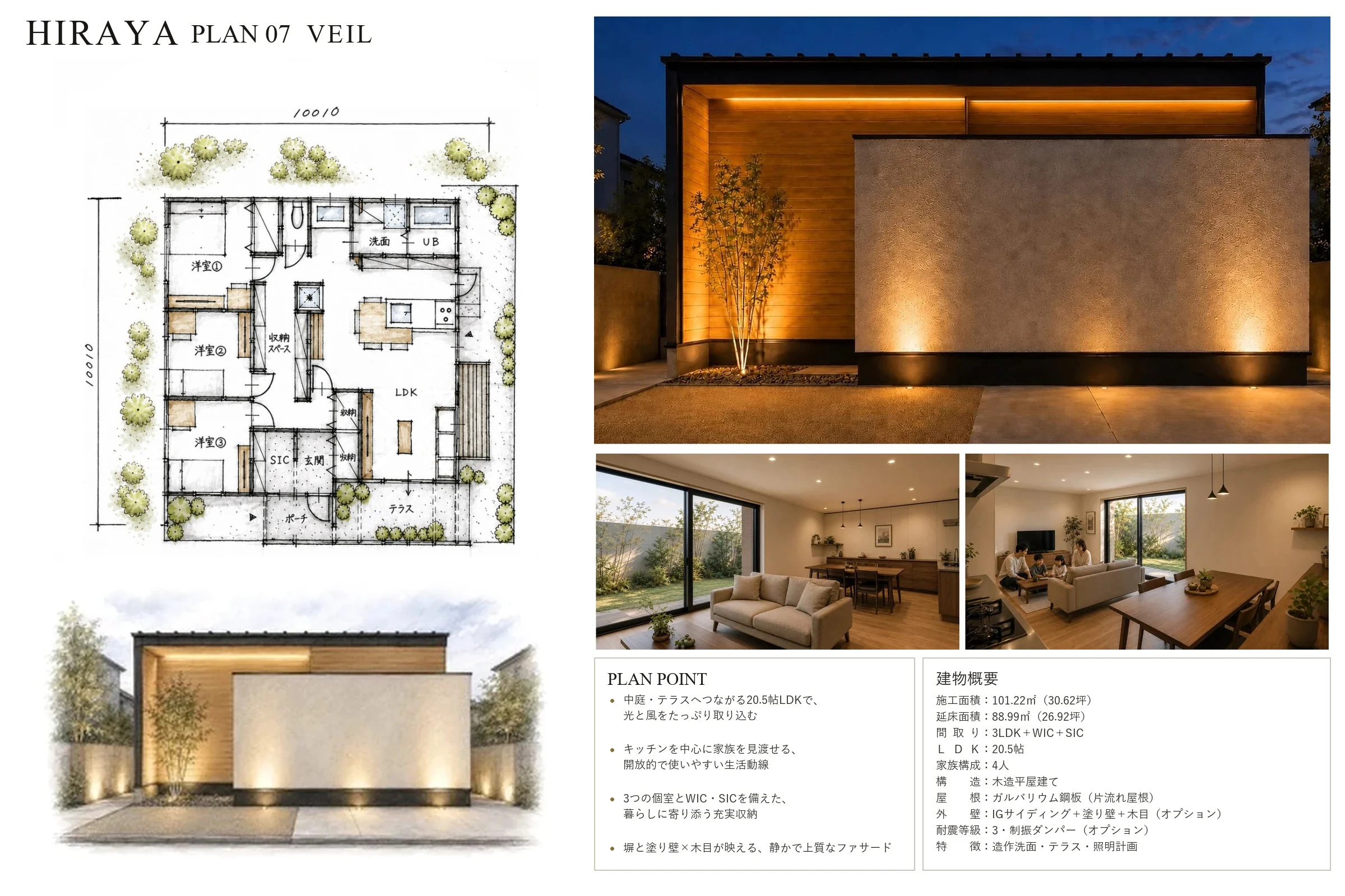 VEIL PLAN ── 視線を気にせず暮らす平屋の間取り図・外観・内観・建物概要(プランシート)|秀光ビルド徳島店